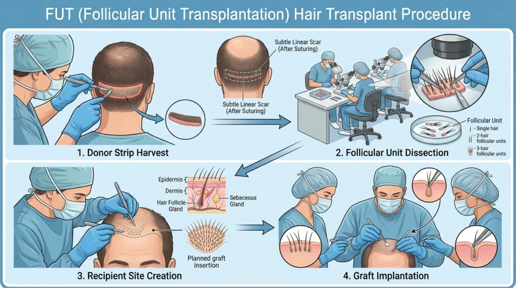 FUT hair transplant strip removal follicle dissection and implantation process diagram