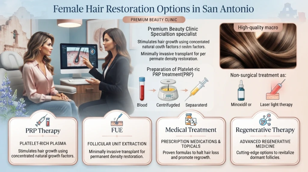 Female hair restoration consultation showing PRP therapy, FUE treatment options and scalp analysis for women with hair loss.