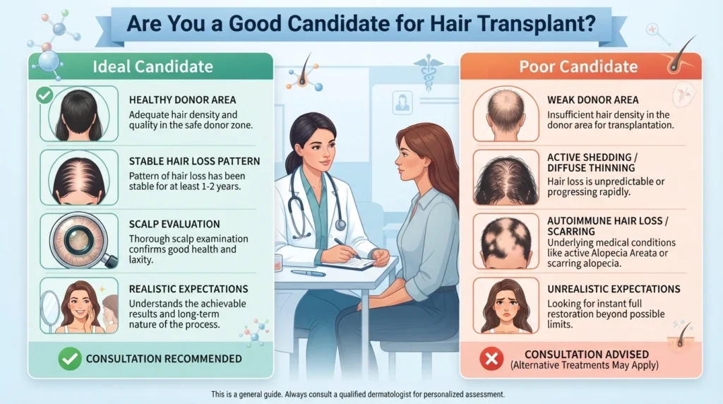 Female hair transplant candidate evaluation showing donor area assessment and scalp consultation