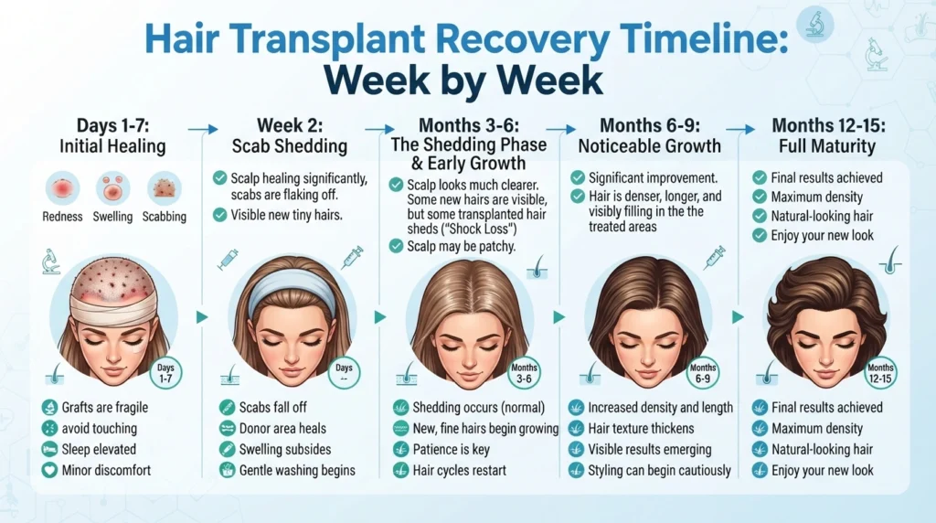 Female hair transplant recovery timeline showing healing stages and new hair growth