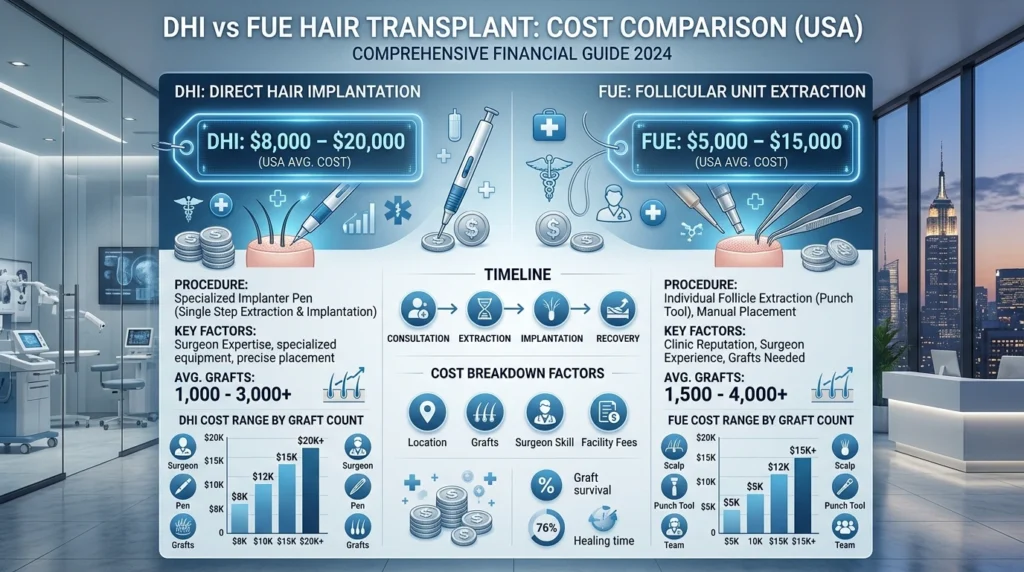 Hair Transplant Cost in USA (DHI vs FUE Price Comparison)