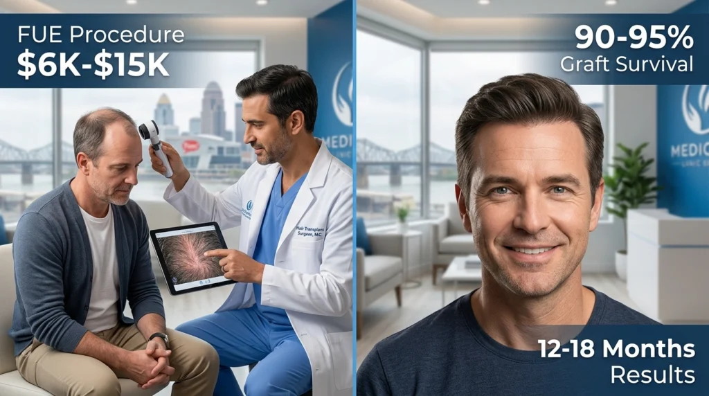 Hair transplant Louisville KY patient before and after FUE procedure showing natural hairline restoration and 2026 treatment cost information.