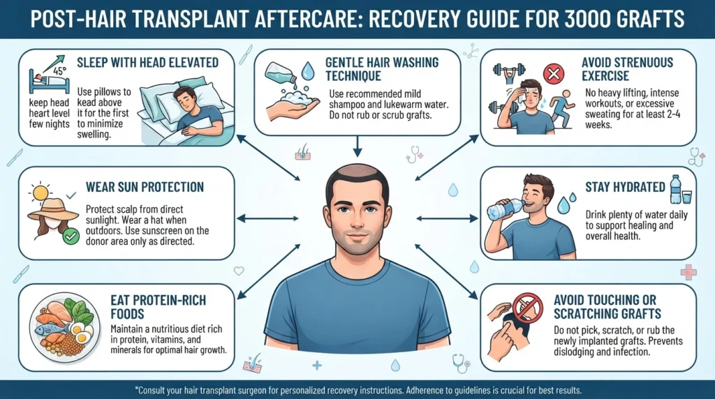 Hair transplant aftercare instructions showing sleep position washing care and recovery tips after 3000 grafts