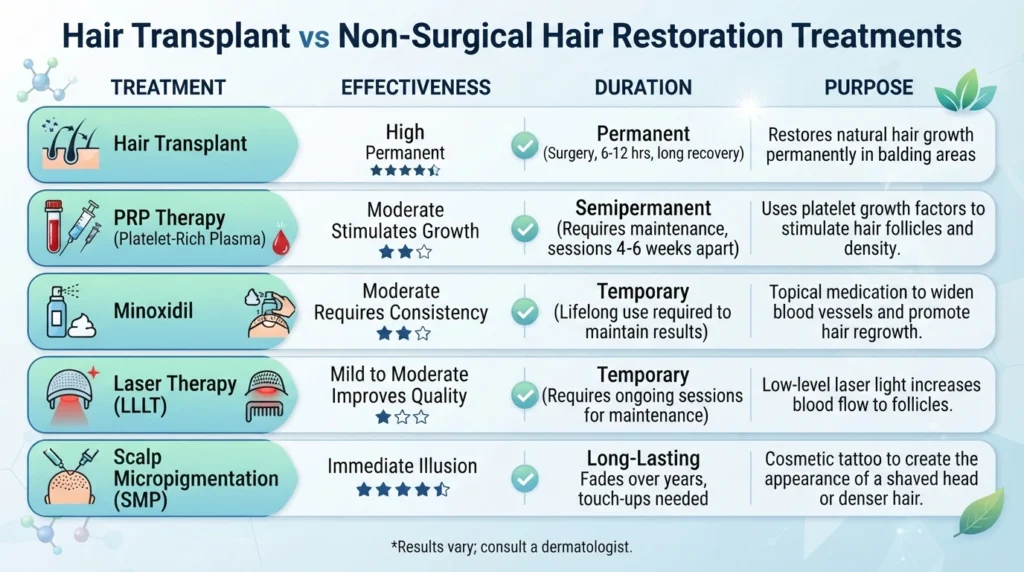 Hair transplant compared with PRP minoxidil laser therapy and other non surgical hair treatments