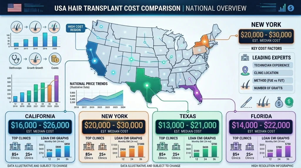 Hair transplant cost and financing comparison across top 10 USA states with pricing and loan EMI breakdown infographic