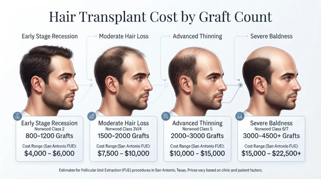 Hair transplant cost by graft count showing 1000, 2000, 3000 and 4500 graft coverage with progressive hair restoration results.