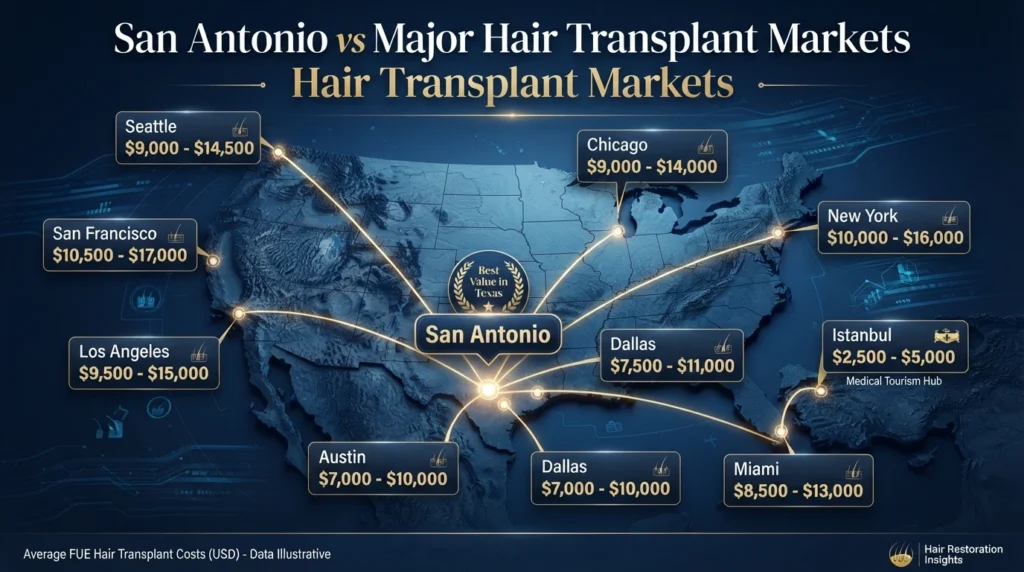 Hair transplant cost comparison between San Antonio, Austin, Houston, Dallas, New York, Los Angeles and other major cities.