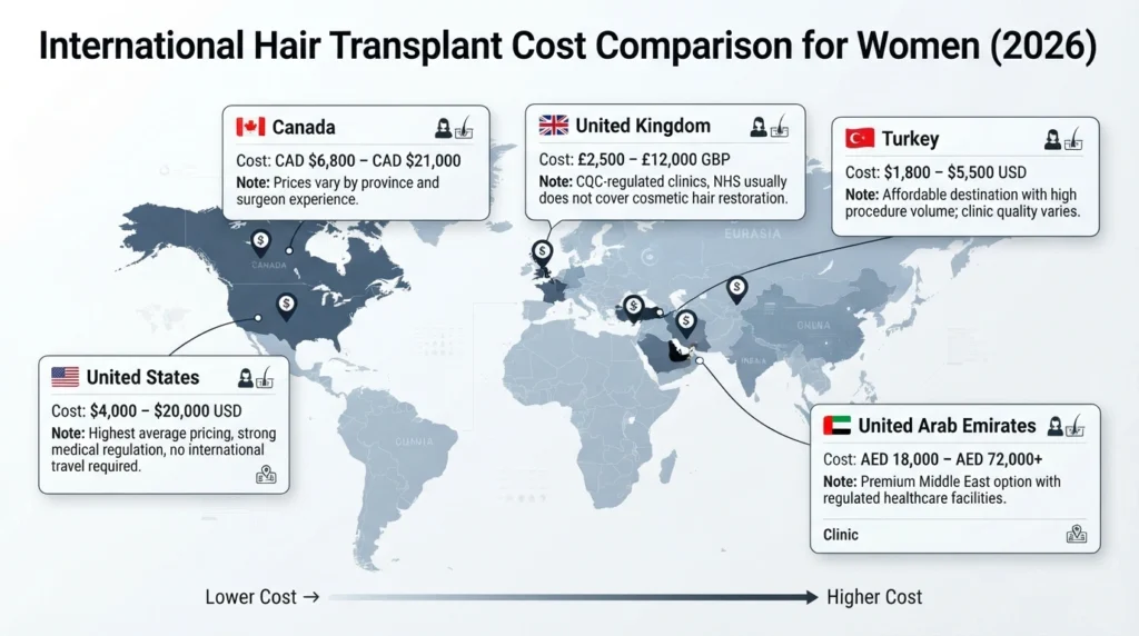 Hair transplant cost comparison between USA Turkey UK UAE and Canada
