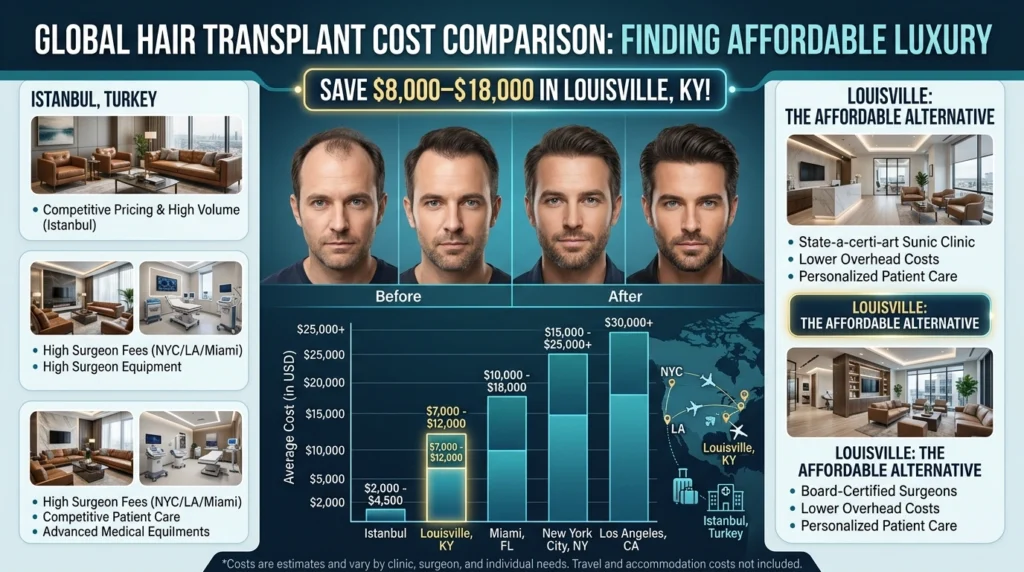Hair transplant cost comparison infographic between Louisville KY, New York City, Los Angeles, and Turkey for FUE procedures in 2026.