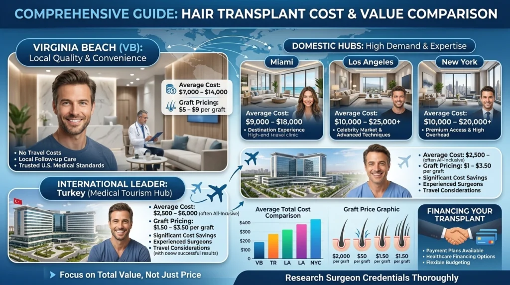 Hair transplant cost comparison infographic showing Virginia Beach prices versus Turkey, Miami, Los Angeles, and New York clinics.