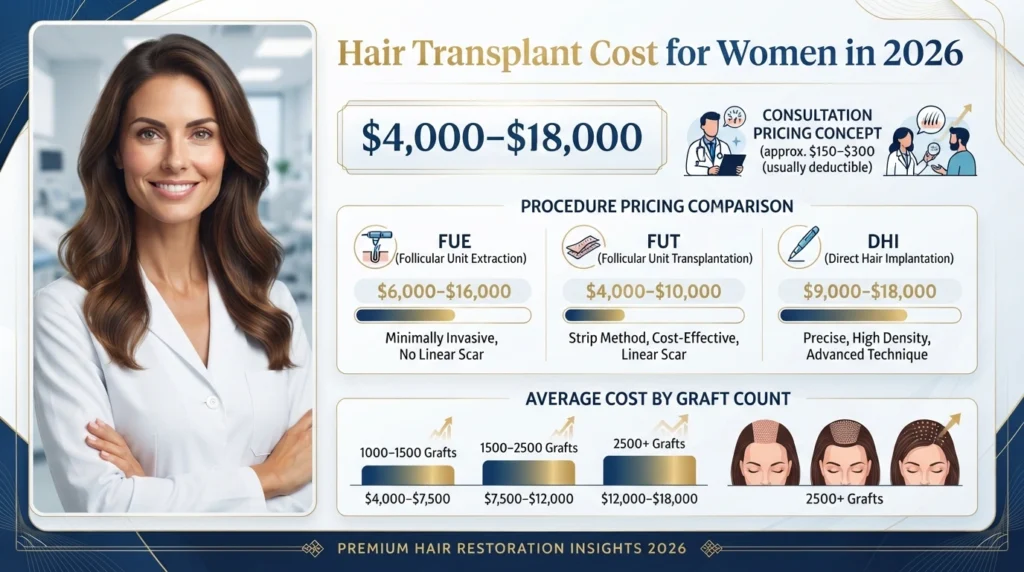 Hair transplant cost for women in the USA in 2026 showing FUE FUT and DHI price ranges