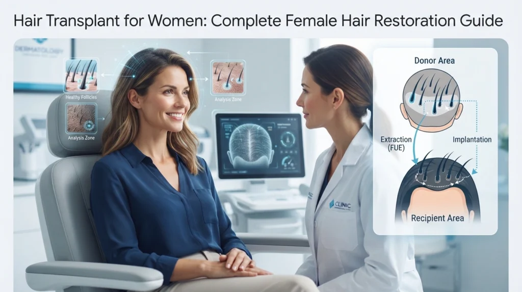 Hair transplant for women showing female hair restoration process and scalp analysis