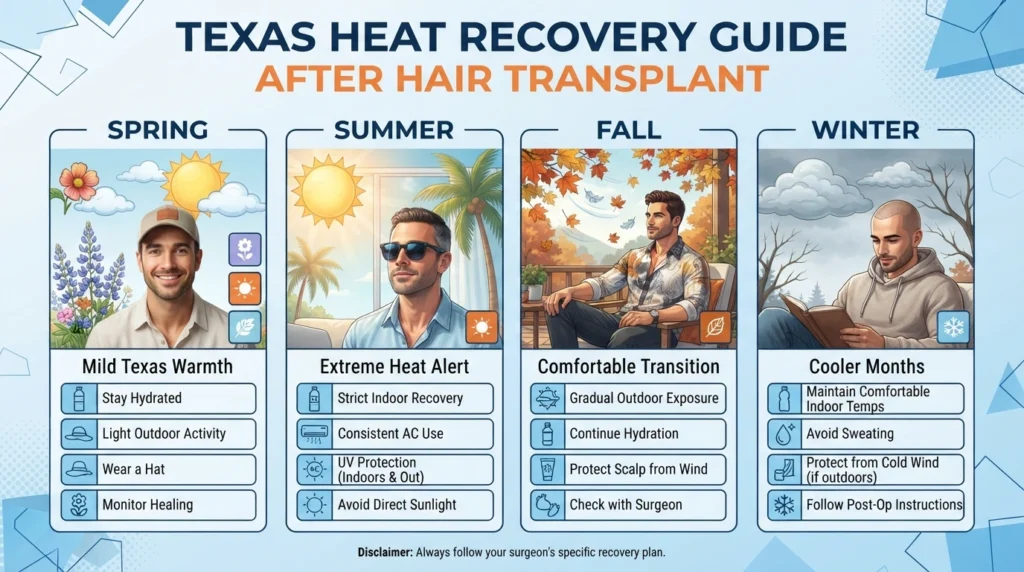 Hair transplant recovery during hot Texas weather showing indoor recovery, hydration and scalp protection after FUE surgery.