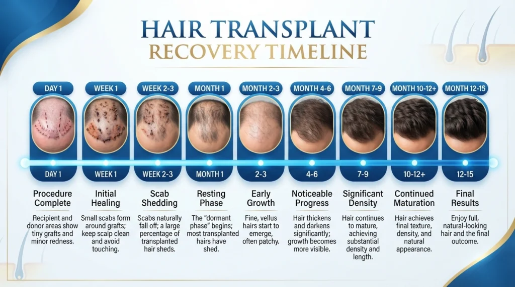 Hair transplant recovery timeline from day one to 12 months showing healing, shedding and final hair growth stages.