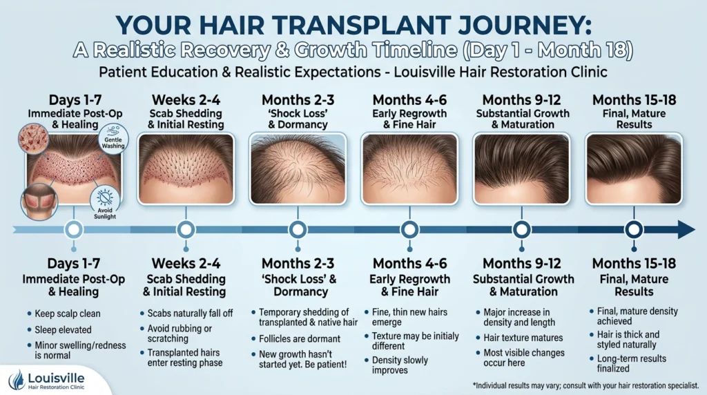 Hair transplant recovery timeline in Louisville KY showing healing stages, shock loss, and final hair growth results over 18 months.