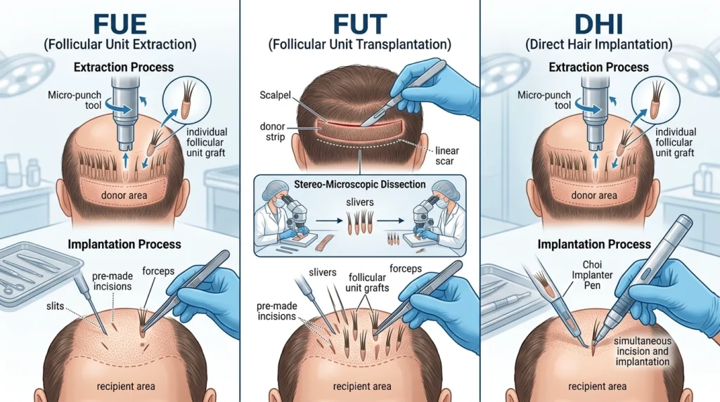 Hair transplant techniques FUE FUT and DHI comparison showing surgical process and cost impact in modern medical illustration