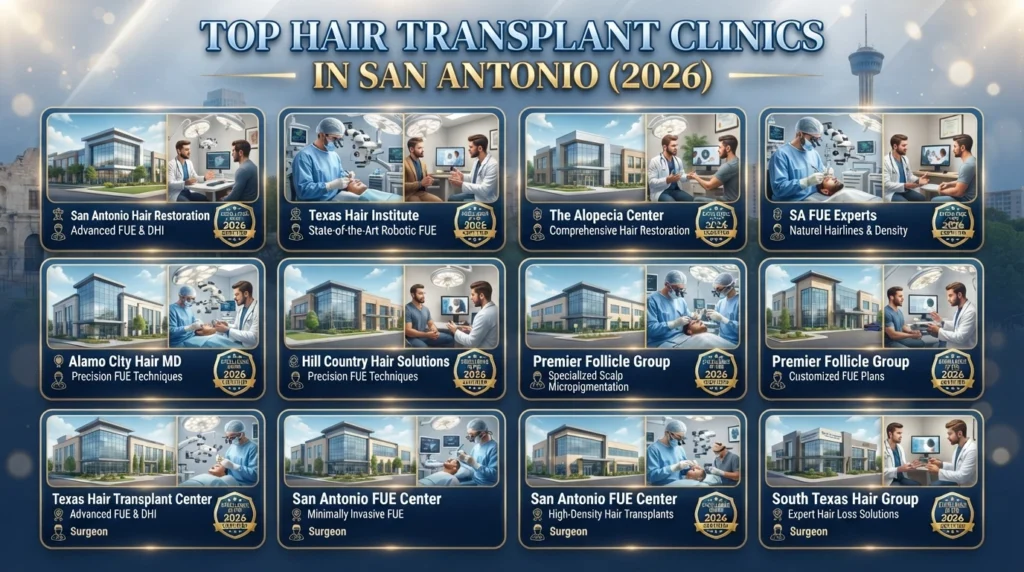 Leading hair transplant clinics in San Antonio featuring advanced FUE technology, experienced surgeons and modern medical facilities.