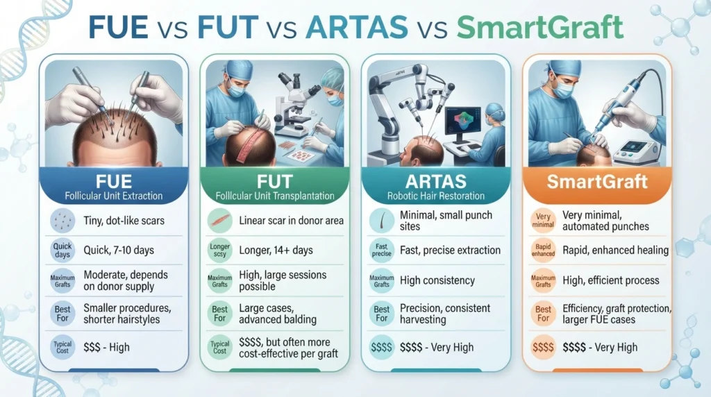 Medical comparison of Manual FUE, FUT, ARTAS robotic and SmartGraft hair transplant procedures with realistic follicle illustrations.