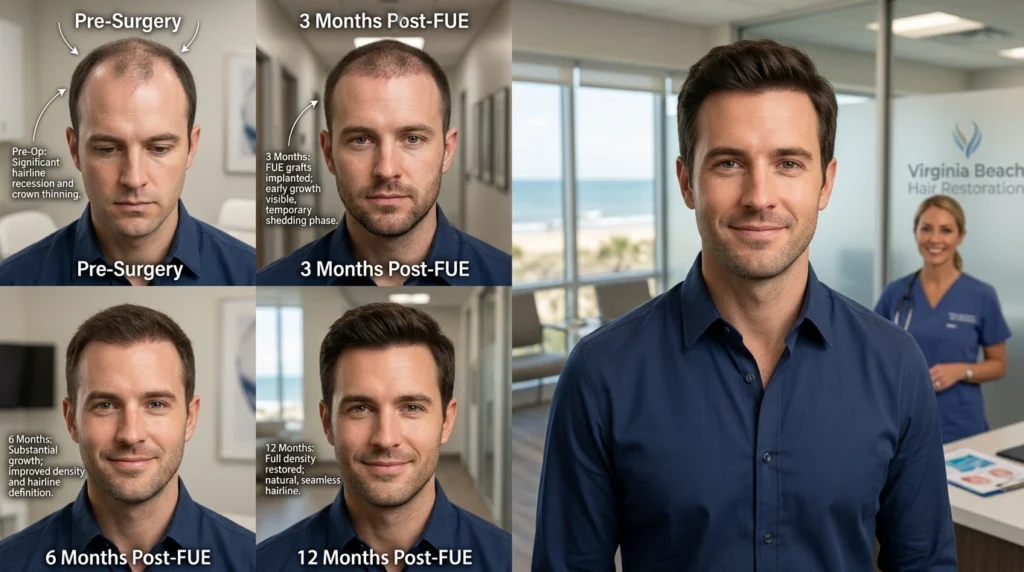 Realistic before and after hair transplant transformation in Virginia Beach showing natural hairline restoration and FUE growth progress.