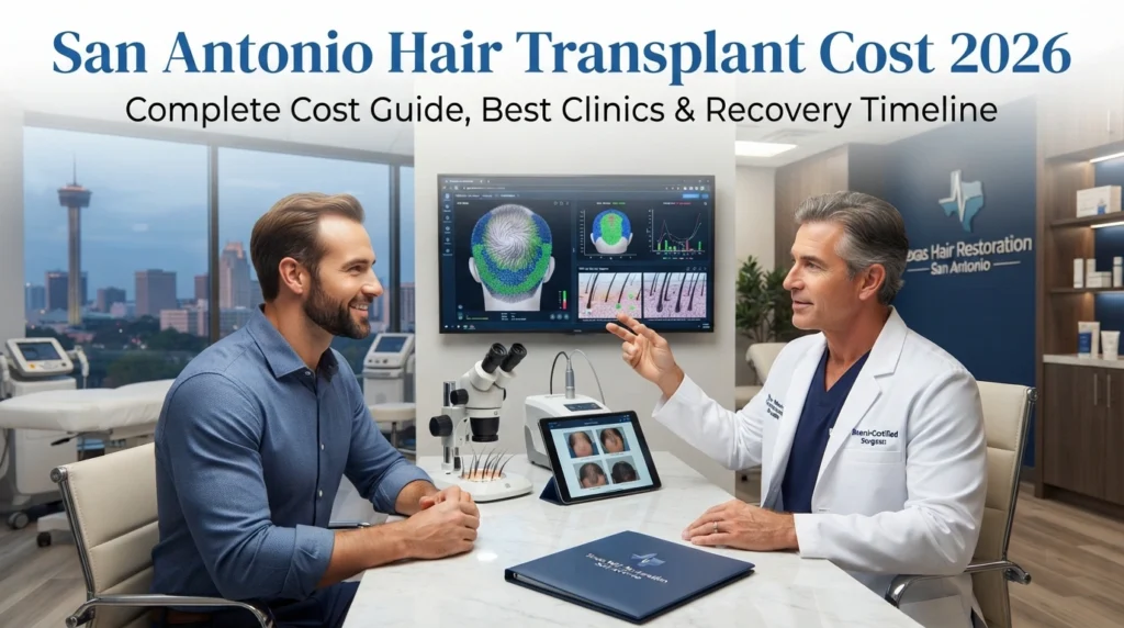 San Antonio hair transplant consultation showing FUE surgeon, patient scalp analysis and 2026 hair restoration cost guide in a modern Texas clinic.
