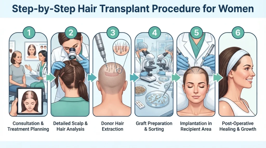 Step by step female hair transplant procedure from consultation to graft implantation