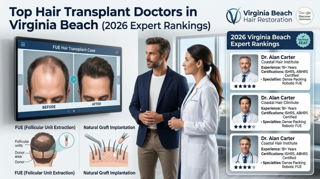 Top hair transplant doctors in Virginia Beach compared with FUE procedures, surgeon credentials, and realistic before-and-after hair restoration results.
