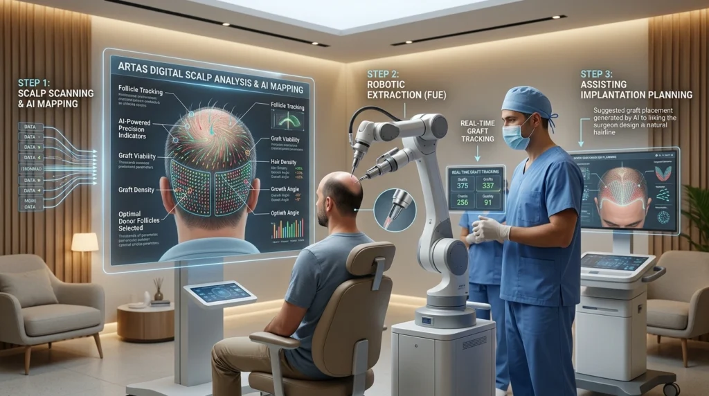 ARTAS robotic hair transplant system performing AI-guided follicle extraction and scalp analysis for hair restoration.