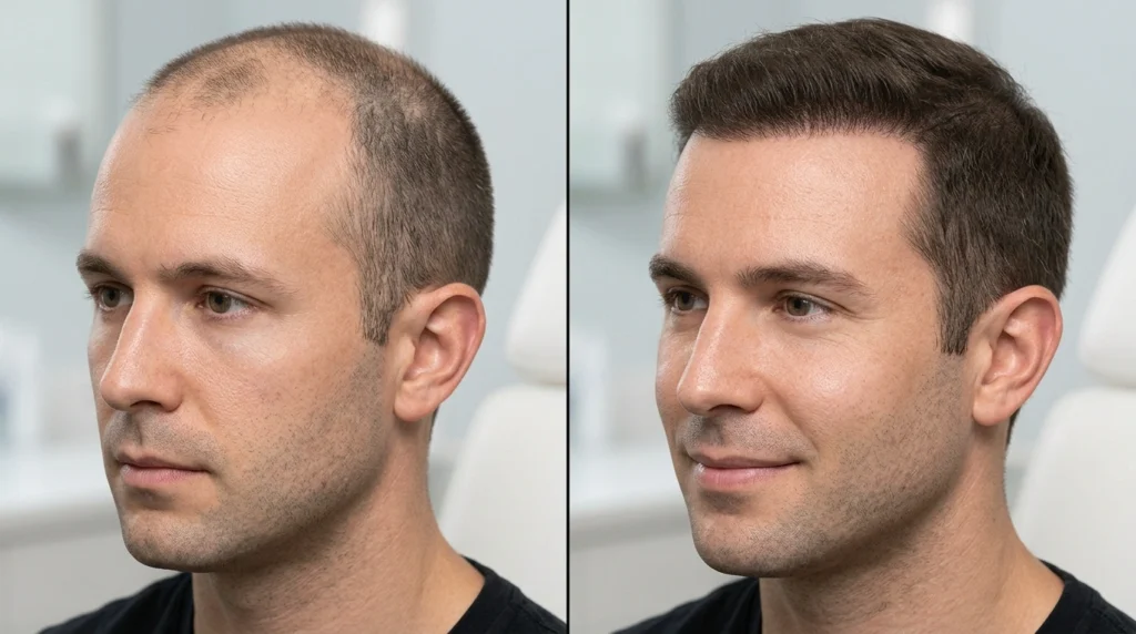 Before and after hair transplant results showing natural hairline restoration in Long Island
