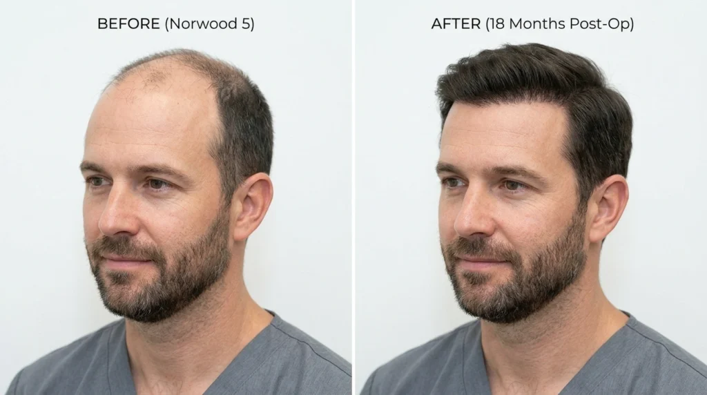 Before and after hair transplant showing complete hair growth and natural results after 12 to 18 months