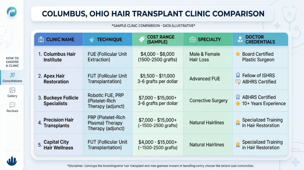 Columbus Ohio hair transplant clinics comparison table showing doctors techniques cost range and best treatment options