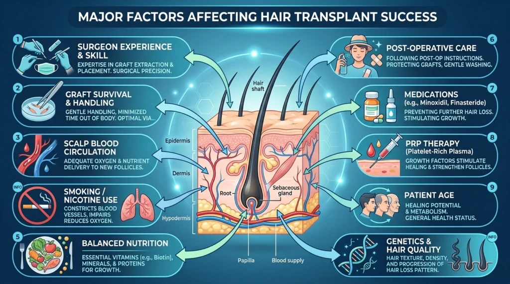 Common mistakes after hair transplant including scratching grafts, smoking, sun exposure, and heavy exercise