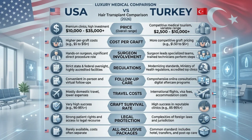 Comparison chart of USA and Turkey hair transplant costs, surgeon involvement, regulations, follow-up care, and graft survival rates.