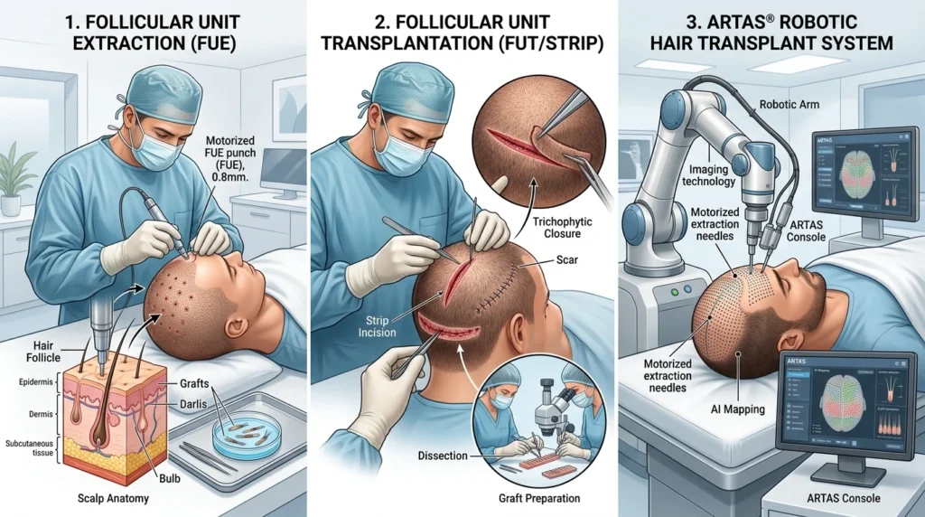 Comparison of FUE FUT and ARTAS robotic hair transplant procedures in Long Island
