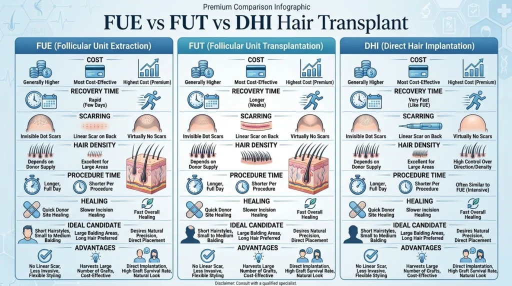 Comparison of FUE, FUT, and DHI hair transplant procedures including cost, recovery time, scarring, and ideal candidates.