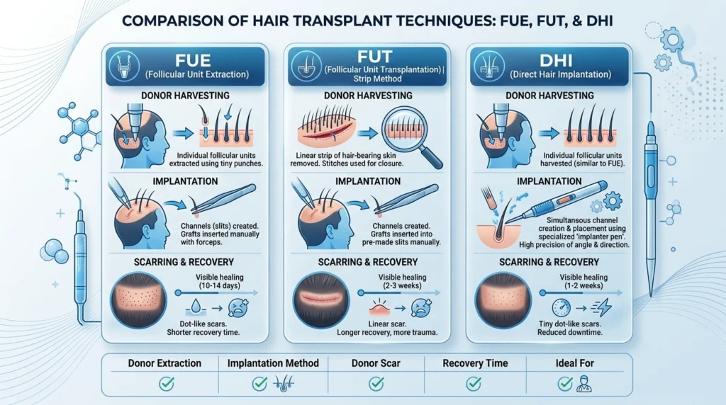 Comparison of FUE vs FUT vs DHI hair transplant techniques with donor extraction and healing differences