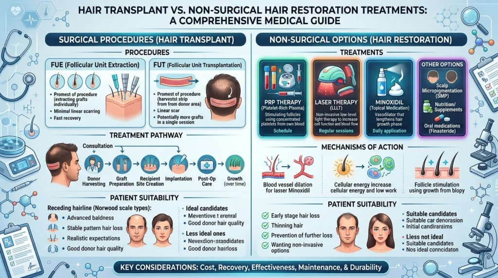 Comparison of surgical hair transplants and non-surgical hair restoration treatments including PRP, laser therapy, and medications.