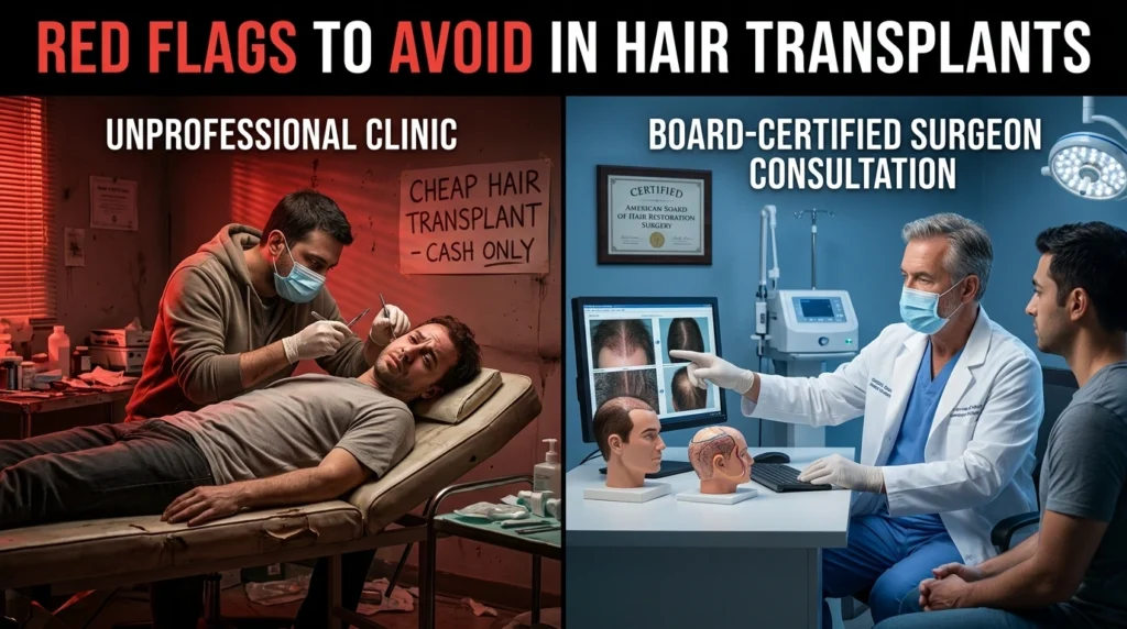 Comparison of unsafe and professional hair transplant clinics showing difference between unqualified staff and board-certified surgeon consultation environment