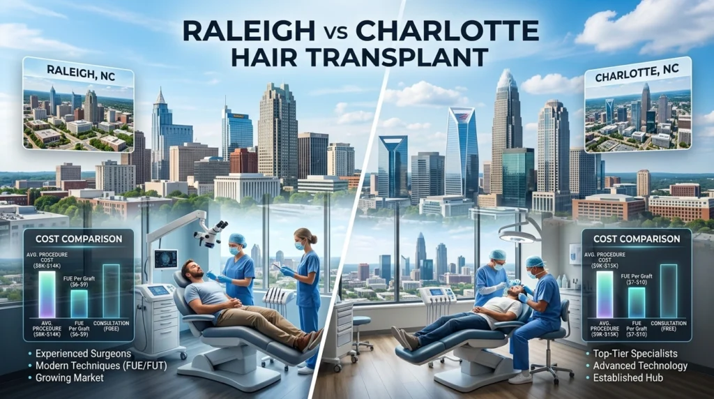 Comparison visual of Raleigh and Charlotte skylines with modern hair transplant clinics showing regional medical aesthetics market difference