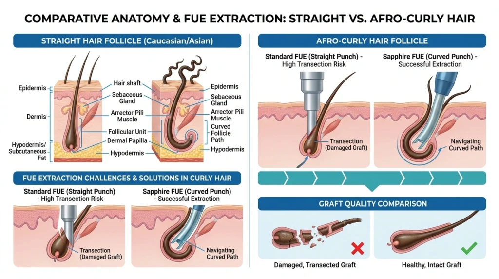Curved Afro follicle extraction with Sapphire FUE technology