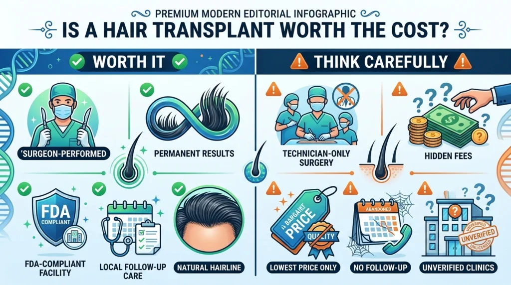 Decision infographic comparing the benefits of a USA hair transplant with lower-cost overseas options based on quality, safety, legal protection, and follow-up care.