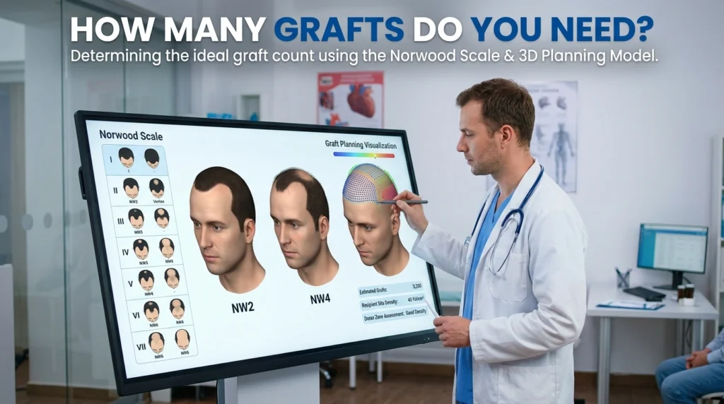 Dermatologist analyzing Norwood hair loss scale on digital scalp model showing different stages of male pattern baldness and graft planning