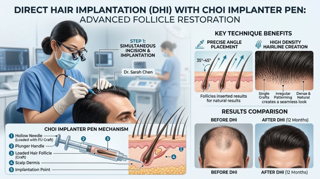 Direct Hair Implantation (DHI) procedure using a Choi implanter pen for precise hair follicle placement and natural hairline restoration.