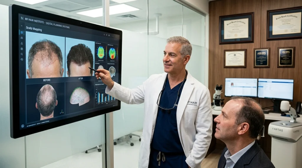 Experienced hair transplant surgeon reviewing patient hair restoration treatment plan in Long Island