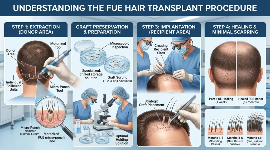 FUE hair transplant procedure showing individual follicle extraction from the donor area and implantation into a receding hairline in Houston.