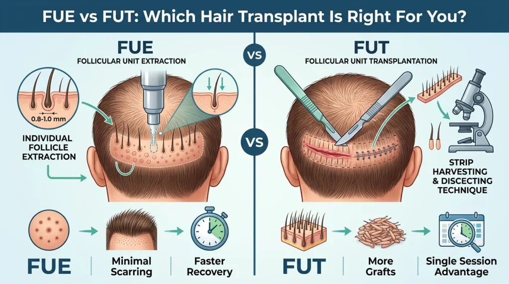 FUE versus FUT hair transplant comparison showing extraction methods, recovery time, scarring, and graft capacity.