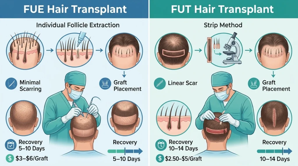 FUE vs FUT hair transplant comparison showing follicle extraction, scarring, recovery time, and graft techniques