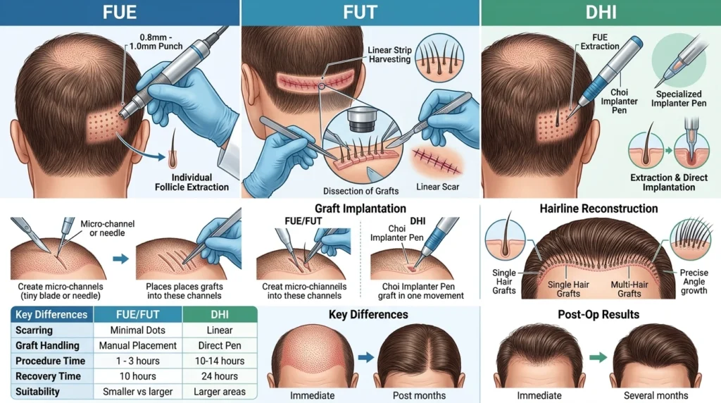 FUE vs FUT vs DHI hair transplant procedure comparison showing follicle extraction methods and scalp restoration results