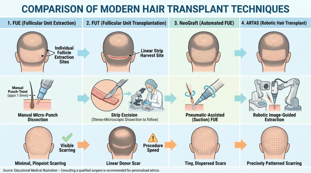 FUE vs FUT vs NeoGraft vs ARTAS hair transplant comparison showing scalp diagrams follicle extraction and surgical techniques