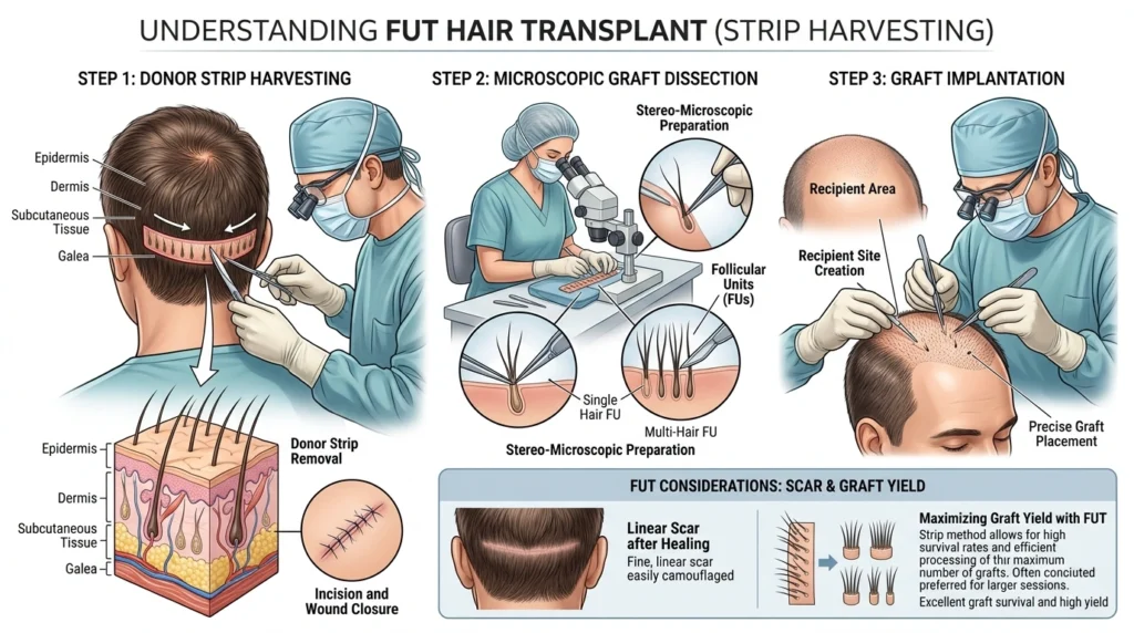 FUT hair transplant surgery illustrating donor strip removal, graft preparation, and hair follicle implantation process.