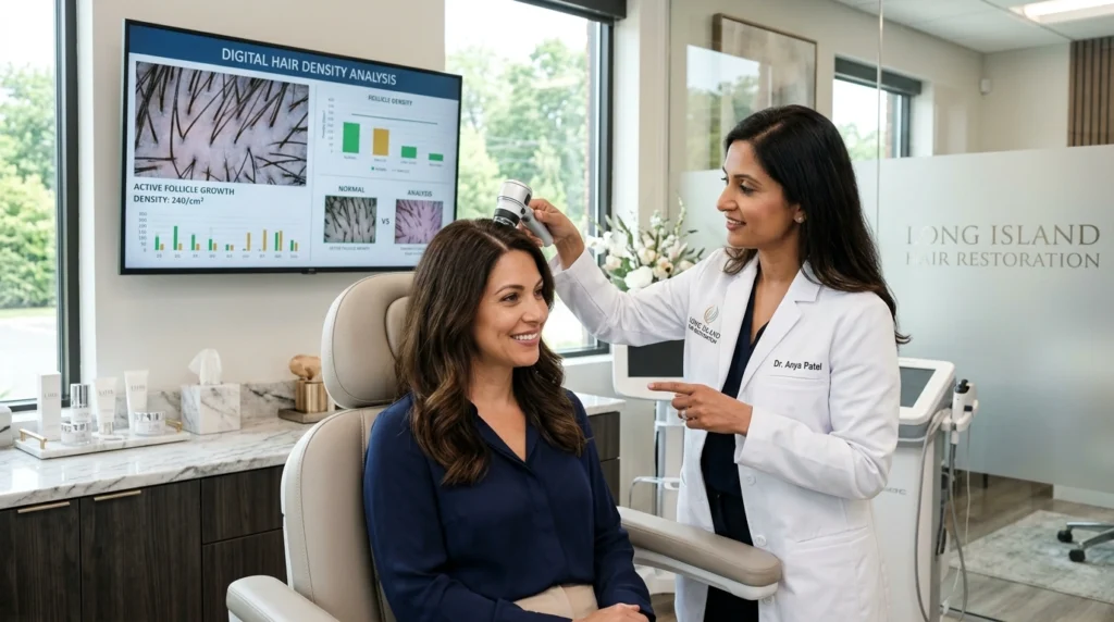 Female patient receiving hair restoration consultation at a Long Island clinic